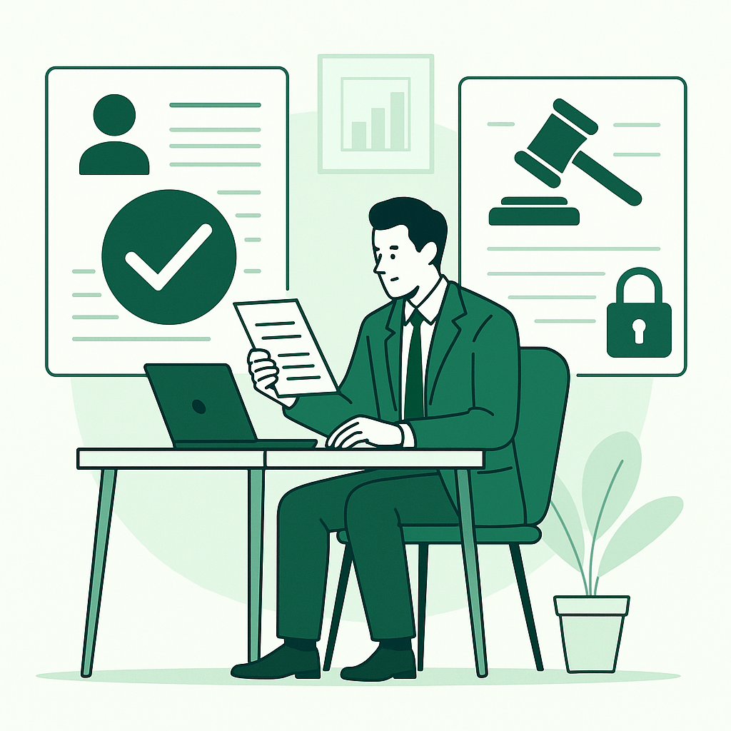 Profissional financeiro analisando verificação de processos judiciais para aprovação de crédito bancário.