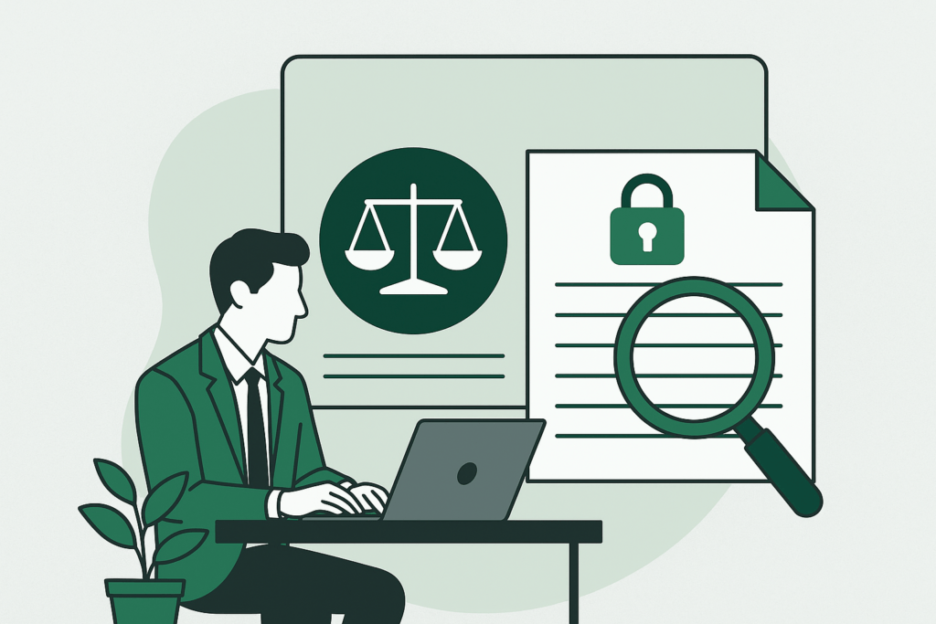 Profissional financeiro usando laptop para análise de dados jurídicos e consulta de processos judiciais, com ícones de justiça e segurança digital ao fundo.