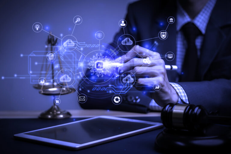 Profissional utilizando laptop com interface digital representando tendências em dados jurídicos e inteligência artificial no setor jurídico​