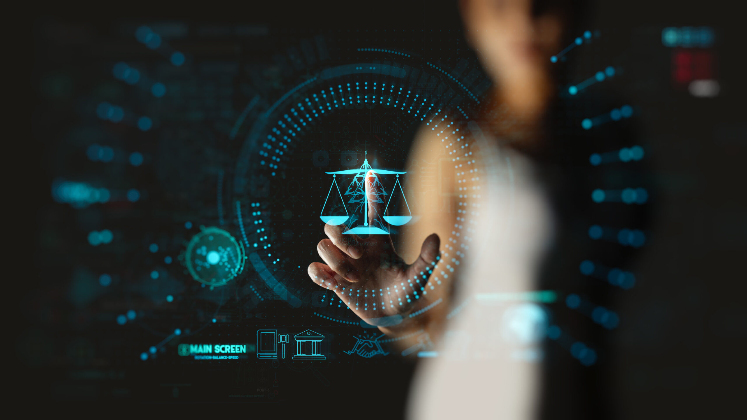 Profissional utilizando laptop com interface digital representando a integração de APIs jurídicas na transformação digital do setor jurídico