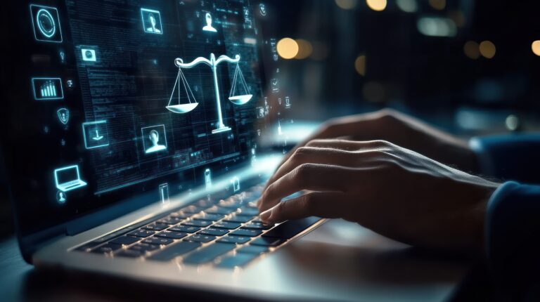 Profissional utilizando laptop com interface digital representando automação de consultas processuais via API jurídica