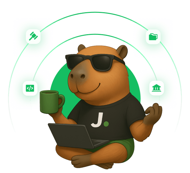 Mascote Capi da Judit.io usando óculos escuros, segurando caneca de café e notebook, com ícones jurídicos ao fundo representando dados jurídicos em segundos.