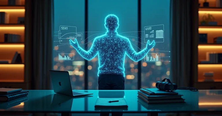 Advogado observa holograma de assistente de inteligência artificial no escritório