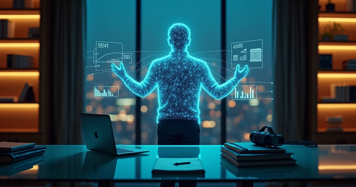 Advogado observa holograma de assistente de inteligência artificial no escritório