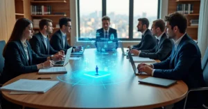 Advogados em mesa de trabalho compartilhada com interface de inteligência artificial projetada ao centro