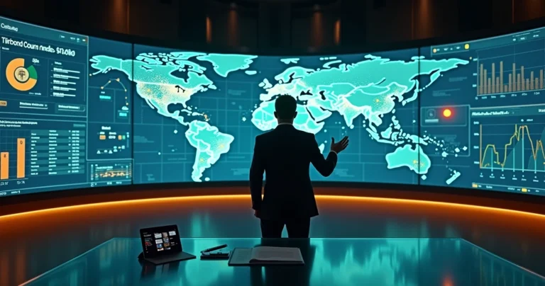 Analista jurídico em sala de telas analisando mapas de dados de precatórios brasileiros