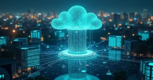 Fluxo de dados jurídicos ligando edifícios de tribunais a servidores em nuvem