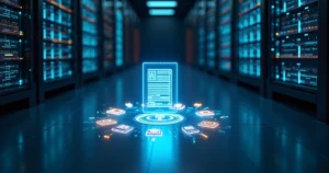 Servidor de dados com fluxos digitais simbolizando monitoramento processual por API