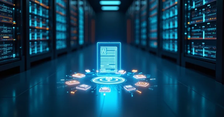 Servidor de dados com fluxos digitais simbolizando monitoramento processual por API