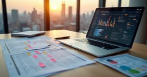 Mesa de auditoria com documentos jurídicos e tela exibindo matriz de riscos digitais