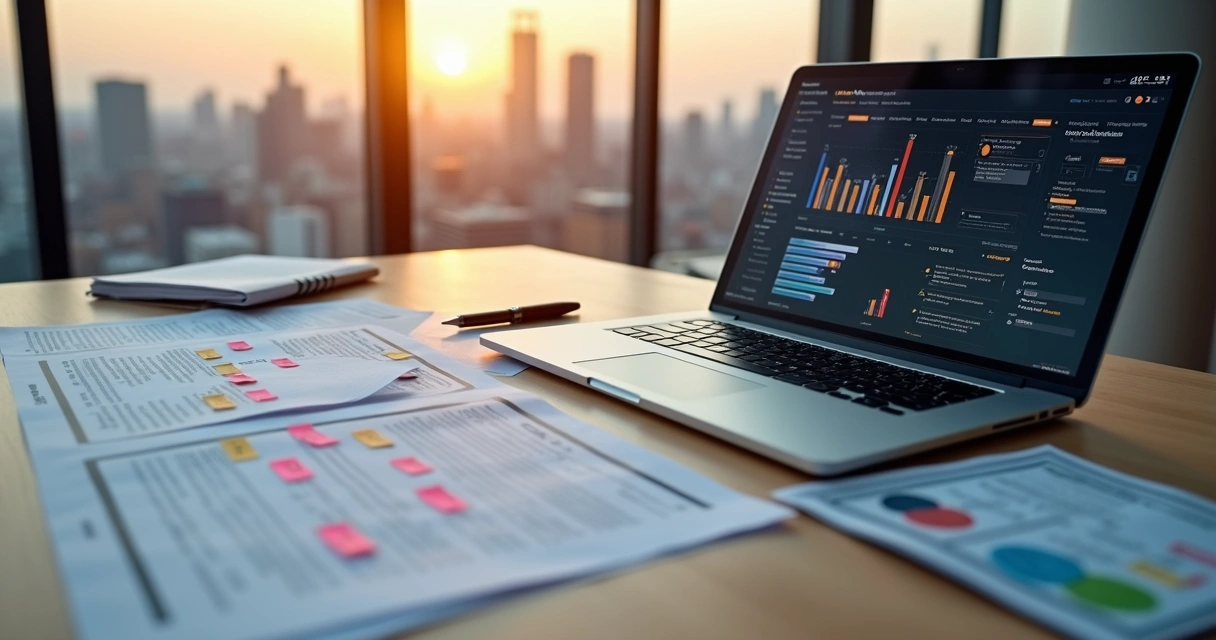 Mesa de auditoria com documentos jurídicos e tela exibindo matriz de riscos digitais