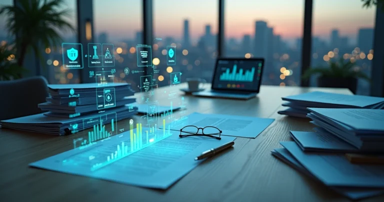 Mesa com documentos jurídicos e camadas de dados digitais sobrepostos