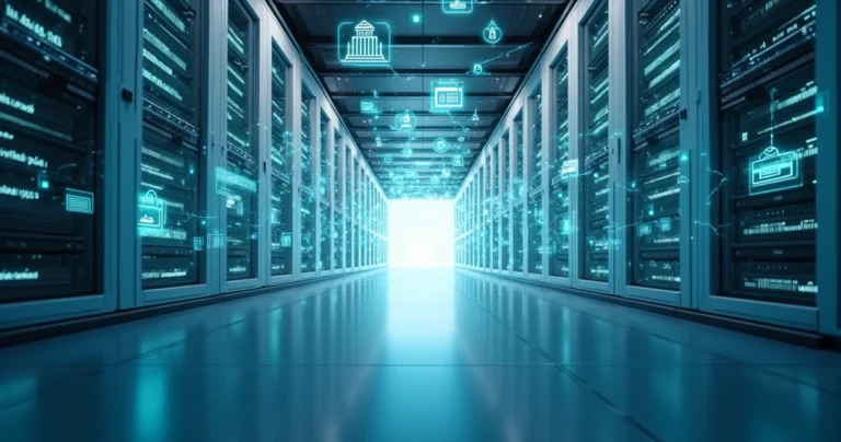 Centro de dados com ícones jurídicos conectados por fluxos de automação