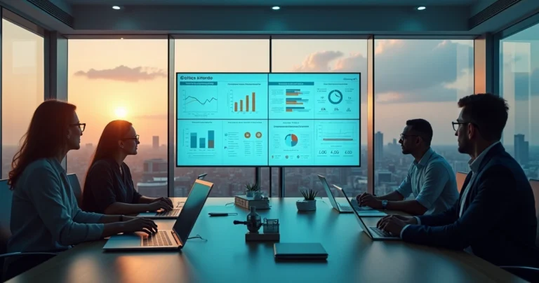 Sala de compliance jurídico com equipe analisando painéis digitais de riscos e políticas internas