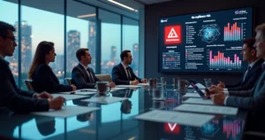 Executivos em sala de reunião observam alerta vermelho de não conformidade em painel digital