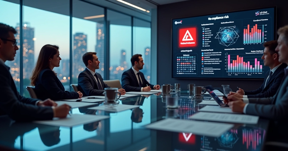 Executivos em sala de reunião observam alerta vermelho de não conformidade em painel digital