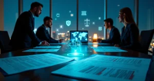 Mesa de reunião com documentos jurídicos analisados sobre fundo escuro tecnológico