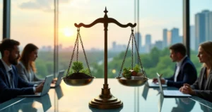 Balança da justiça sobre floresta e cidade simbolizando ESG jurídico