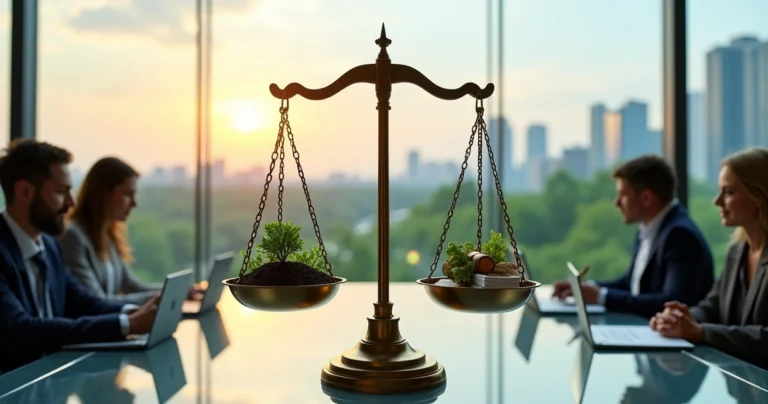 Balança da justiça sobre floresta e cidade simbolizando ESG jurídico