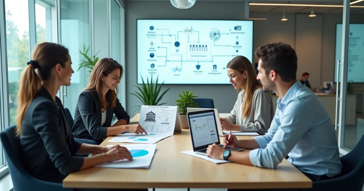 Equipe de fintech organizada em sala moderna planejando gestão jurídica