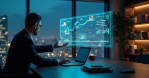 Advogado usa painel holográfico de inteligência artificial com dados jurídicos