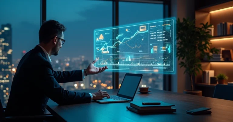 Advogado usa painel holográfico de inteligência artificial com dados jurídicos
