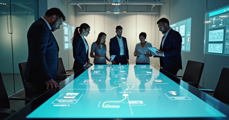 Equipe de RH observando painel digital de onboarding automatizado