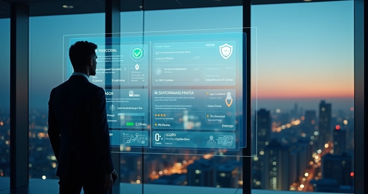 Profissional analisando painel digital de background check jurídico com foco em segurança de dados