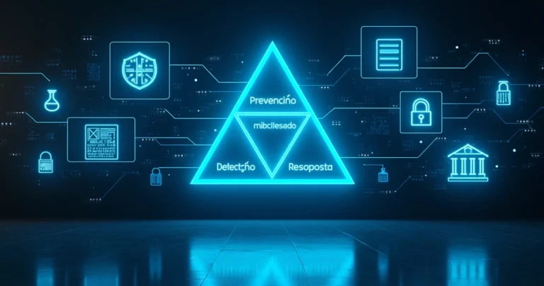 Ícones de compliance e justiça interligados em painel digital com triângulo central