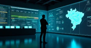 Interface do sistema E-proc projetada em grande tela ao lado de mapa digital do Brasil