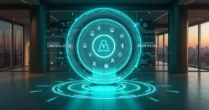 Cofre digital brilhante protegido por dados flutuando em ambiente corporativo