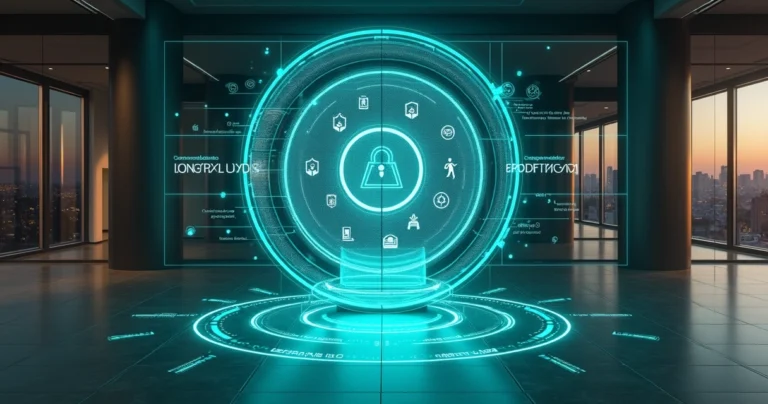 Cofre digital brilhante protegido por dados flutuando em ambiente corporativo