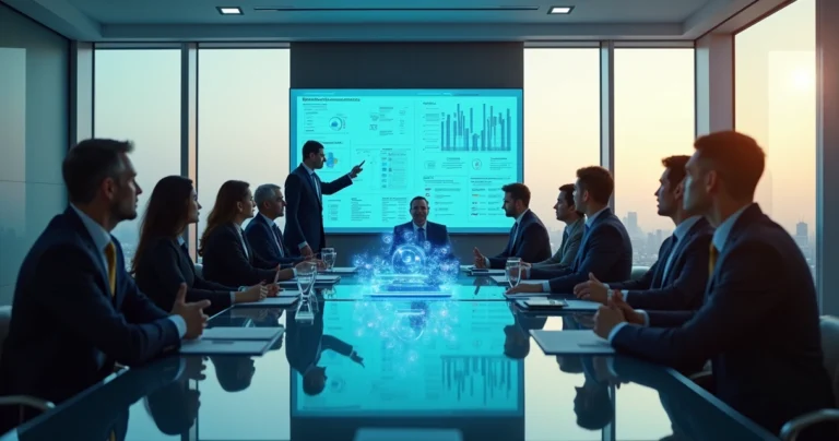 Conselho de administração em mesa de vidro com painel digital exibindo indicadores de governança