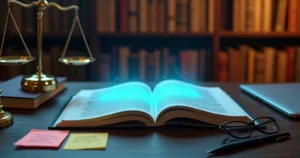 Livro jurídico aberto com páginas projetando código de IA sobre mesa de madeira