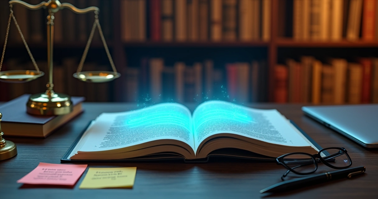 Livro jurídico aberto com páginas projetando código de IA sobre mesa de madeira