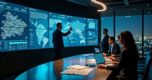 Equipe jurídica observa painel de dados e ícones de processos digitais