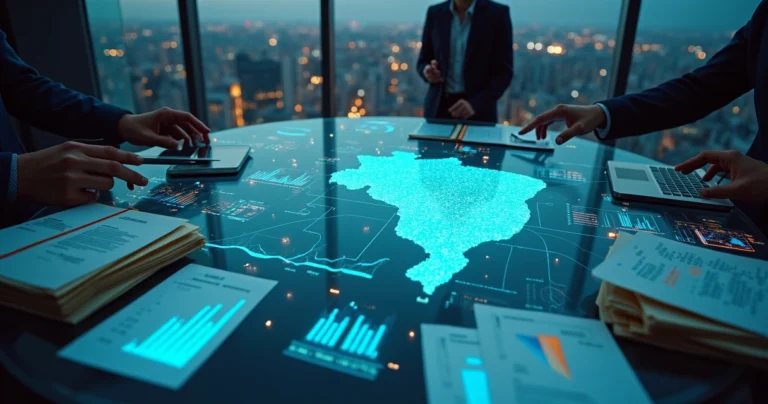 Representação do mercado de NPLs no Brasil com dados financeiros e mapa do país