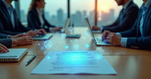 Mesa de reunião com contrato em foco e dados digitais flutuando