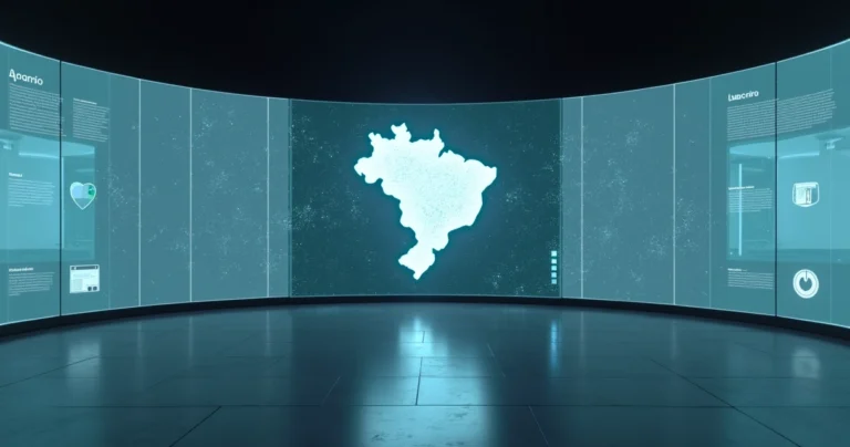 Mosaico de símbolos de jurisdição brasileira conectados por rede digital azul