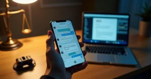 Mão segurando celular exibindo conversas marcadas como evidência jurídica