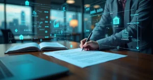Profissional jurídico analisa documento em mesa cheia de dados digitais projetados
