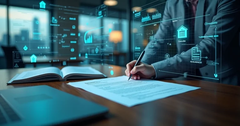 Profissional jurídico analisa documento em mesa cheia de dados digitais projetados
