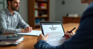 Candidato de concurso conversa com advogada analisando decisão judicial urgente