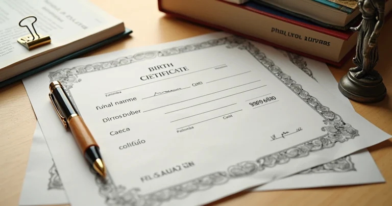Detalhe de certidão de nascimento ao lado de símbolos de lei e direitos da personalidade