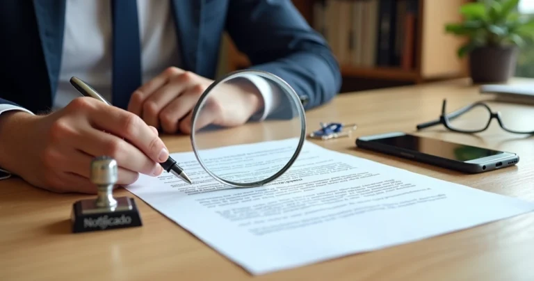 Mão destacando cláusula de saída em contrato social com lupa sobre a mesa