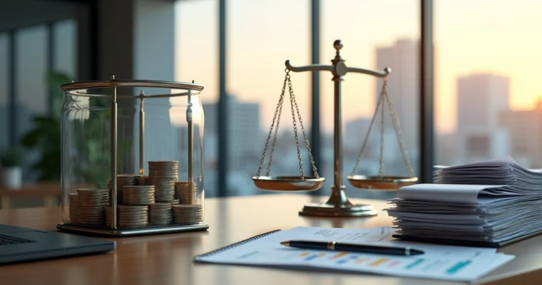 Cofre transparente ligado a balança da justiça com notas e moedas separadas