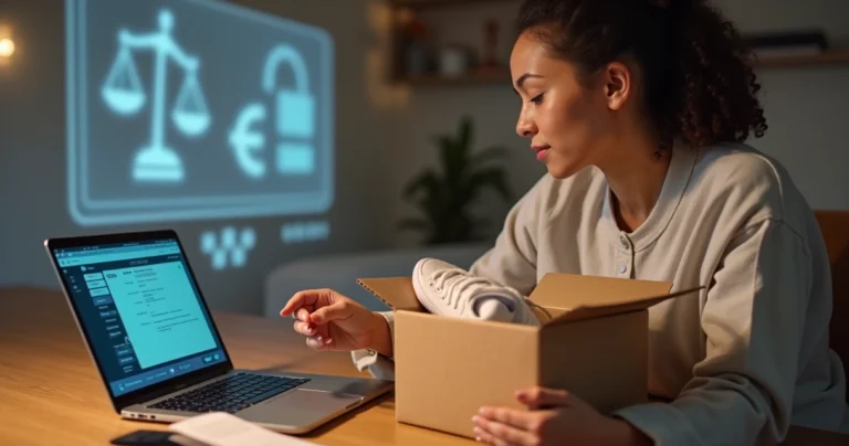 Consumidora avaliando devolução de produto de compra online com símbolos de lei ao fundo