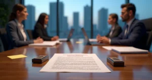 Mesa de negociação entre empresa em crise e representantes de trabalhadores com documentos judiciais espalhados