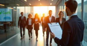 Equipe de liderança caminhando por corredor corporativo com destaque para relatório de compliance