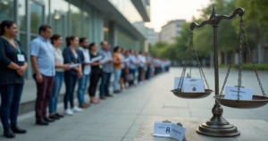 Fila de candidatos a concurso diante de balança da Justiça gigante